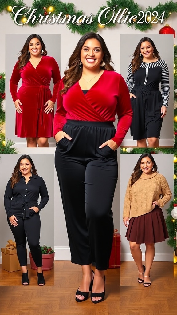 Plus-size model in festive Christmas outfits including a velvet dress, jumpsuit, and sweater-skirt combo.